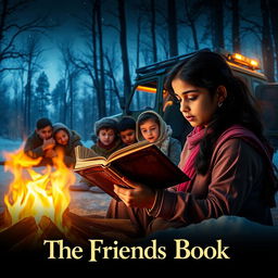 A cinematic film poster titled 'The Friends Book', showcasing a magical scene on a cold winter night in a forest