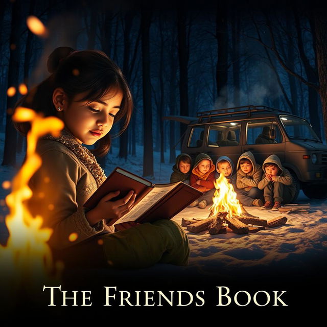 A cinematic film poster titled 'The Friends Book', showcasing a magical scene on a cold winter night in a forest