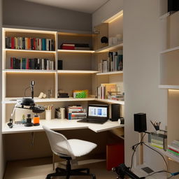 A well-lit study room design with bookshelves, a comfortable chair and a desk populated with study materials. One corner of the room is converted into a Youtube studio with recording equipment, a backdrop, and professional lighting.