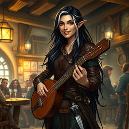 A full-body portrait of Adzira, a mature half-elf bard around 30 years old, with long, flowing black hair featuring striking white streaks