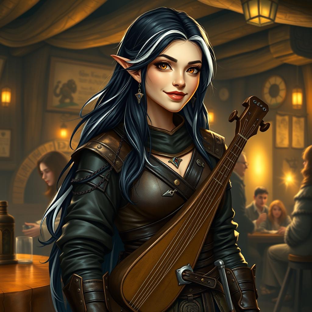 A full-body portrait of Adzira, a mature half-elf bard around 30 years old, with long, flowing black hair featuring striking white streaks