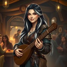 A full-body portrait of Adzira, a mature half-elf bard around 30 years old, with long, flowing black hair featuring striking white streaks