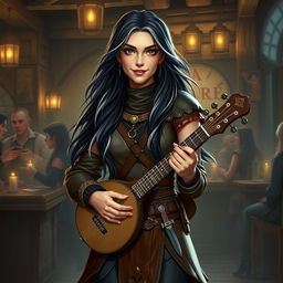 A full-body portrait of Adzira, a mature half-elf bard around 30 years old, with long, flowing black hair featuring striking white streaks