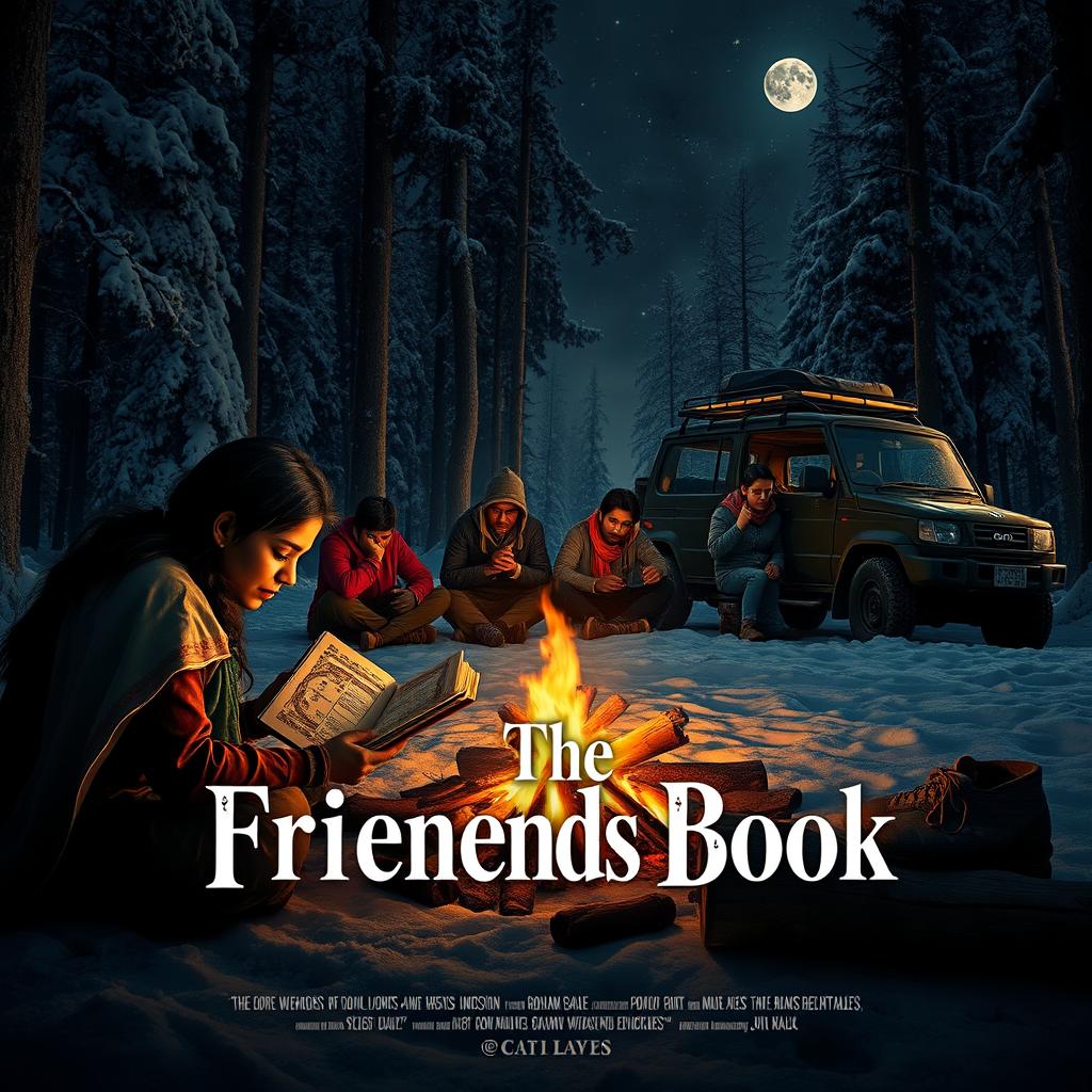 A cinematic film poster for 'The Friends Book', depicting an Indian woman sitting by a crackling campfire in a serene, snow-dusted forest at night