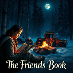 A cinematic film poster for 'The Friends Book', depicting an Indian woman sitting by a crackling campfire in a serene, snow-dusted forest at night