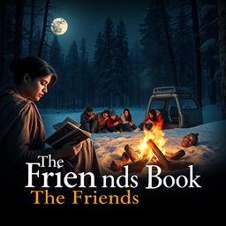 A cinematic film poster for 'The Friends Book', depicting an Indian woman sitting by a crackling campfire in a serene, snow-dusted forest at night