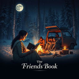 A cinematic film poster for 'The Friends Book', depicting an Indian woman sitting by a crackling campfire in a serene, snow-dusted forest at night