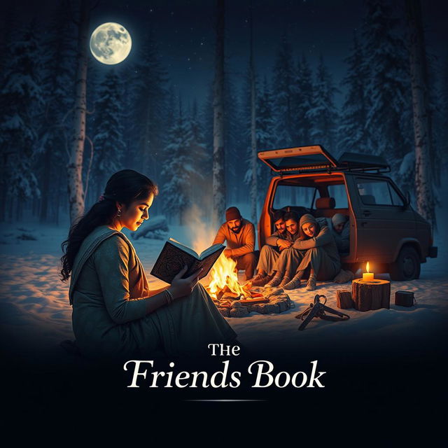 A cinematic film poster for 'The Friends Book', depicting an Indian woman sitting by a crackling campfire in a serene, snow-dusted forest at night