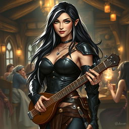 A full-body portrait of Adzira, a mature half-elf bard around 30 years old, with long, flowing black hair featuring striking white streaks