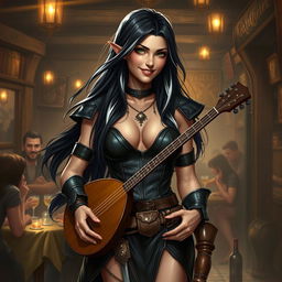 A full-body portrait of Adzira, a mature half-elf bard around 30 years old, with long, flowing black hair featuring striking white streaks