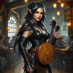 A full-body portrait of Adzira, a mature half-elf bard around 30 years old, with long, flowing black hair featuring striking white streaks