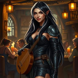 A full-body portrait of Adzira, a mature half-elf bard around 30 years old, with long, flowing black hair featuring striking white streaks