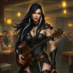 A full-body portrait of Adzira, a mature half-elf bard around 30 years old, with long, flowing black hair featuring striking white streaks