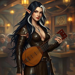 A full-body portrait of Adzira, a mature half-elf bard around 30 years old, with long, flowing black hair featuring striking white streaks