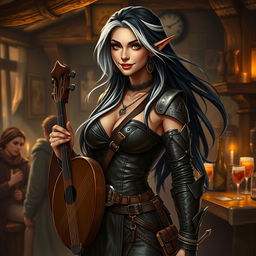 A full-body portrait of Adzira, a mature half-elf bard around 30 years old, with long, flowing black hair featuring striking white streaks