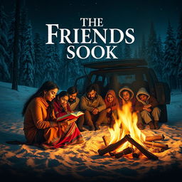 A cinematic film poster titled 'The Friends Book', featuring an Indian woman sitting by a crackling campfire in a snowy forest at night, immersed in a diary with an enchanting glow