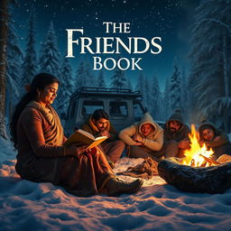 A cinematic film poster titled 'The Friends Book', featuring an Indian woman sitting by a crackling campfire in a snowy forest at night, immersed in a diary with an enchanting glow