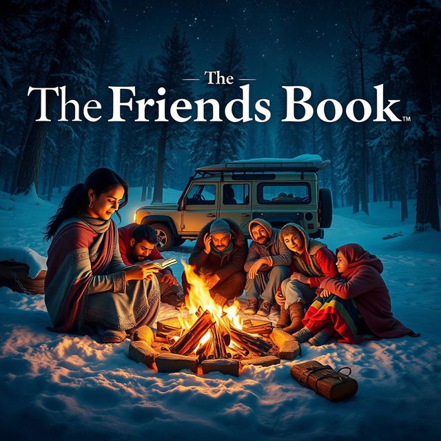 A cinematic film poster titled 'The Friends Book', featuring an Indian woman sitting by a crackling campfire in a snowy forest at night, immersed in a diary with an enchanting glow