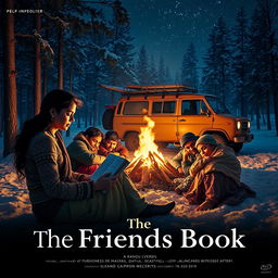 A cinematic film poster titled 'The Friends Book', featuring an Indian woman sitting by a crackling campfire in a snowy forest at night, immersed in a diary with an enchanting glow