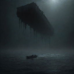 A terrifying ocean scene bringing Thalassophobia to life, with endless, impenetrable, inky-black depths beneath a solitary, precarious raft floating amidst a lonely, desolate atmosphere.