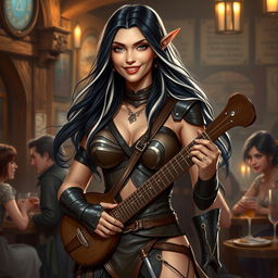 A full-body portrait of Adzira, a mature half-elf bard around 30 years old, with long, flowing black hair featuring striking white streaks