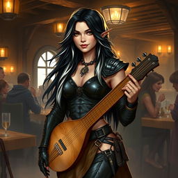 A full-body portrait of Adzira, a mature half-elf bard around 30 years old, with long, flowing black hair featuring striking white streaks