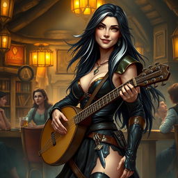 A full-body portrait of Adzira, a mature half-elf bard around 30 years old, with long, flowing black hair featuring striking white streaks