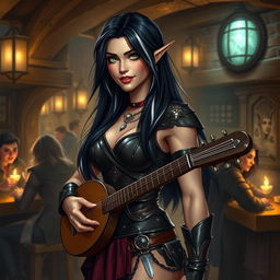 A full-body portrait of Adzira, a mature half-elf bard around 30 years old, with long, flowing black hair featuring striking white streaks