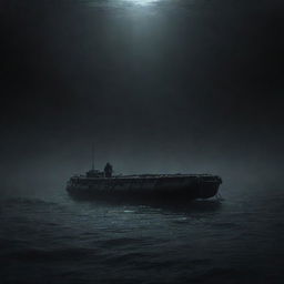 A terrifying ocean scene bringing Thalassophobia to life, with endless, impenetrable, inky-black depths beneath a solitary, precarious raft floating amidst a lonely, desolate atmosphere.