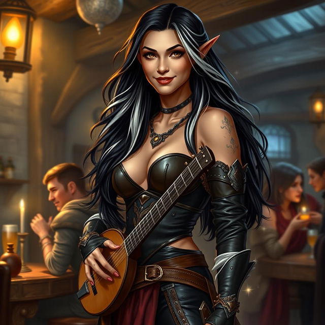 A full-body portrait of Adzira, a mature half-elf bard around 30 years old, with long, flowing black hair featuring striking white streaks