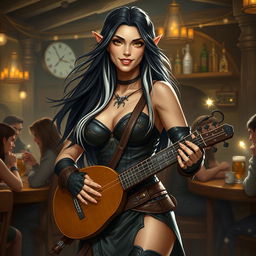 A full-body portrait of Adzira, a mature half-elf bard around 30 years old, with long, flowing black hair featuring striking white streaks