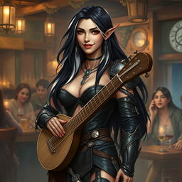 A full-body portrait of Adzira, a mature half-elf bard around 30 years old, with long, flowing black hair featuring striking white streaks