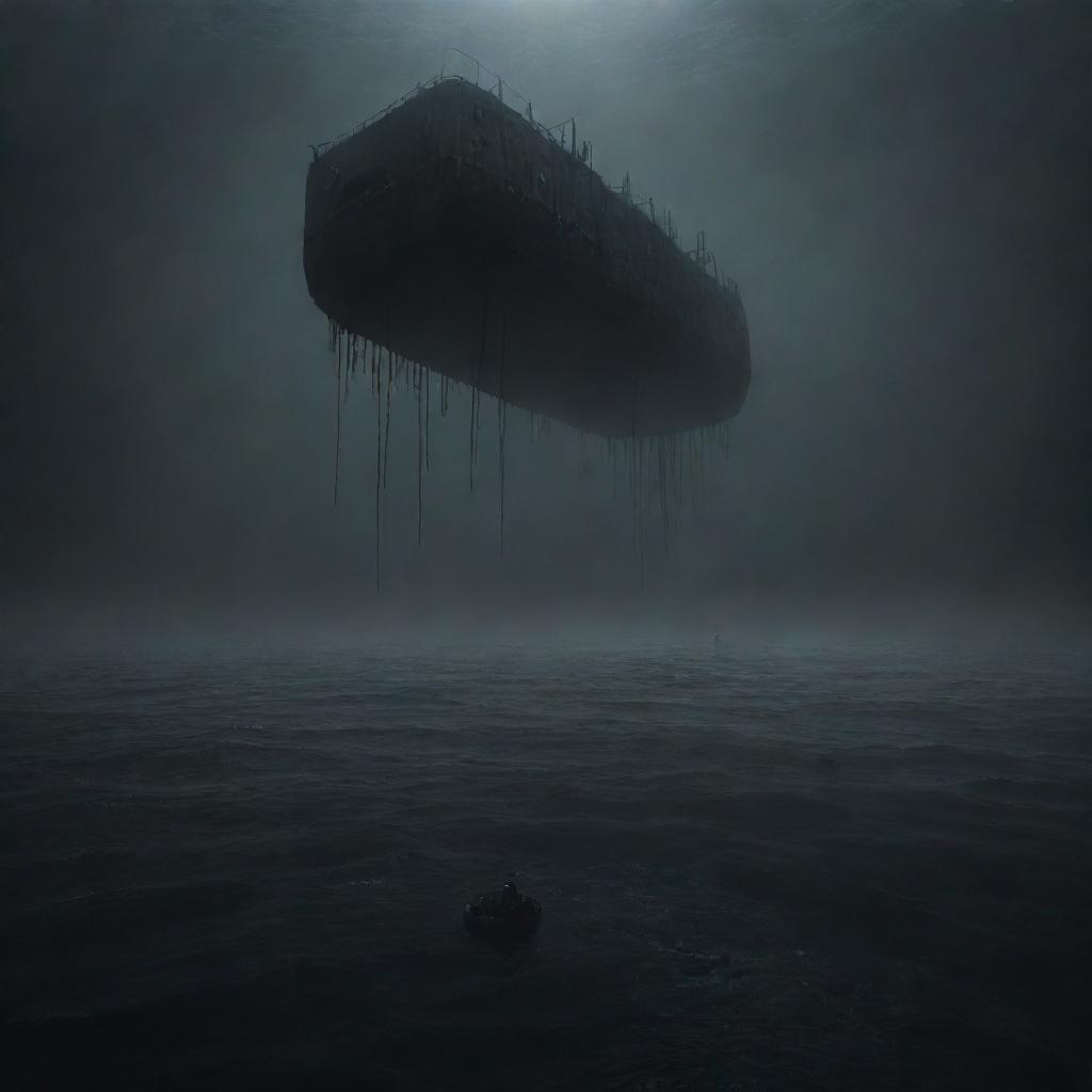 A terrifying ocean scene bringing Thalassophobia to life, with endless, impenetrable, inky-black depths beneath a solitary, precarious raft floating amidst a lonely, desolate atmosphere.
