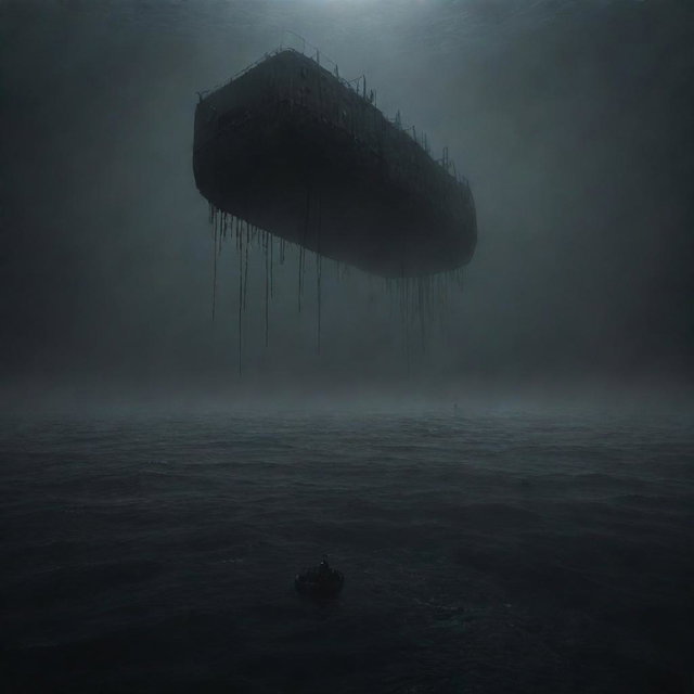 A terrifying ocean scene bringing Thalassophobia to life, with endless, impenetrable, inky-black depths beneath a solitary, precarious raft floating amidst a lonely, desolate atmosphere.