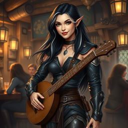 A full-body portrait of Adzira, a mature half-elf bard around 30 years old, with long, flowing black hair featuring striking white streaks