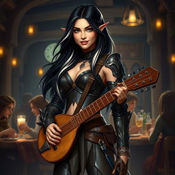 A full-body portrait of Adzira, a mature half-elf bard around 30 years old, with long, flowing black hair featuring striking white streaks