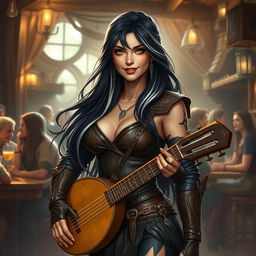 A full-body portrait of Adzira, a mature half-elf bard around 30 years old, with long, flowing black hair featuring striking white streaks