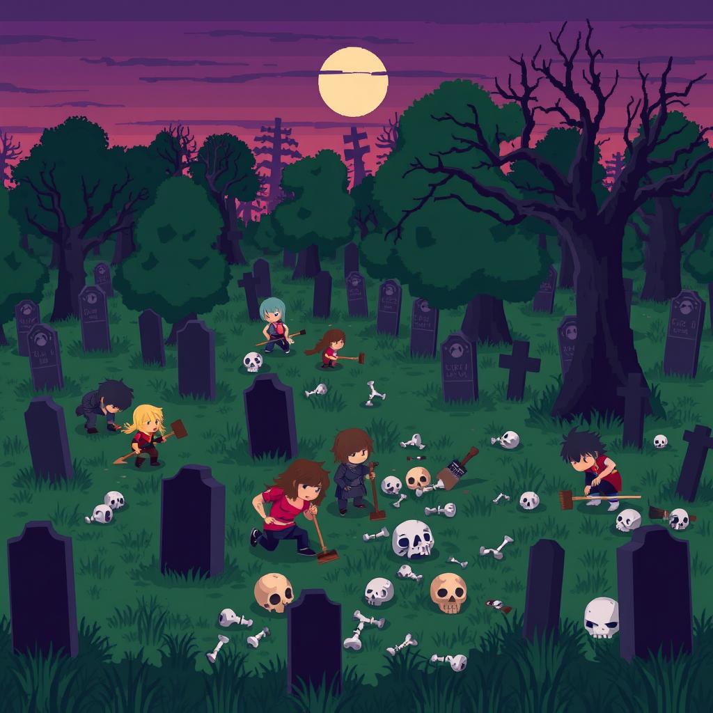 A pixel art scene of a cemetery where various characters are diligently searching for bones and skulls among the gravestones and overgrown grass