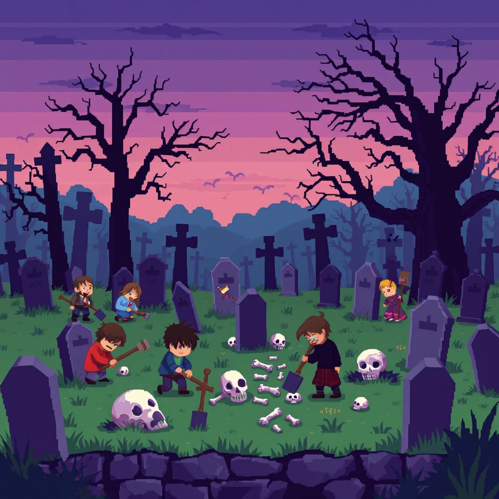 A pixel art scene of a cemetery where various characters are diligently searching for bones and skulls among the gravestones and overgrown grass