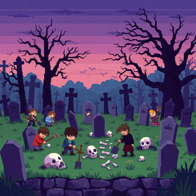 A pixel art scene of a cemetery where various characters are diligently searching for bones and skulls among the gravestones and overgrown grass