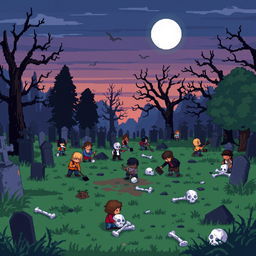 A pixel art scene of a cemetery where various characters are diligently searching for bones and skulls among the gravestones and overgrown grass