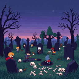 A pixel art scene of a cemetery where various characters are diligently searching for bones and skulls among the gravestones and overgrown grass