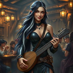 A full-body portrait of Adzira, a mature half-elf bard around 30 years old, with long, flowing black hair featuring striking white streaks