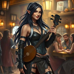 A full-body portrait of Adzira, a mature half-elf bard around 30 years old, with long, flowing black hair featuring striking white streaks