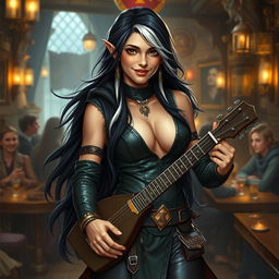 A full-body portrait of Adzira, a mature half-elf bard around 30 years old, with long, flowing black hair featuring striking white streaks