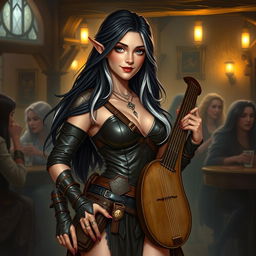 A full-body portrait of Adzira, a mature half-elf bard around 30 years old, with long, flowing black hair featuring striking white streaks