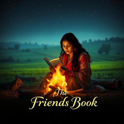 A cinematic film poster featuring an Indian woman sitting by a campfire on a cold night in a picturesque farm setting