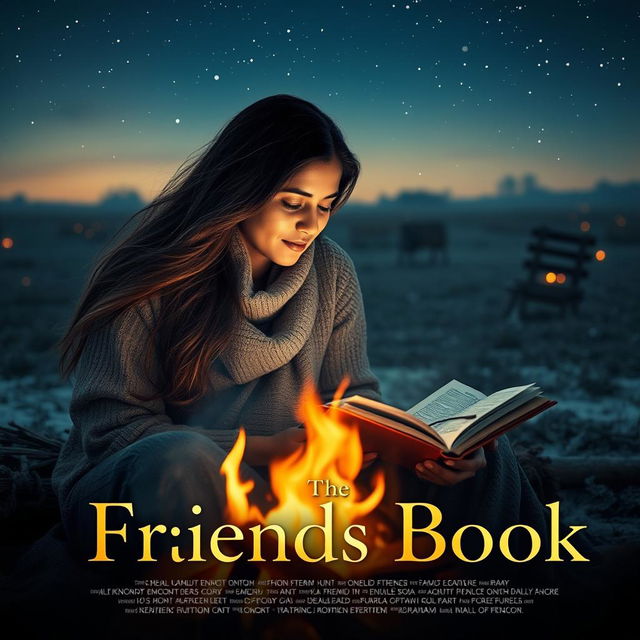 A cinematic romantic friendship film poster titled "The Friends Book" featuring an Indian woman intently reading a diary by a warm campfire on a chilly night