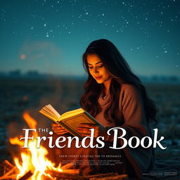 A cinematic romantic friendship film poster titled "The Friends Book" featuring an Indian woman intently reading a diary by a warm campfire on a chilly night