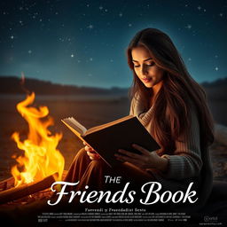 A cinematic romantic friendship film poster titled "The Friends Book" featuring an Indian woman intently reading a diary by a warm campfire on a chilly night